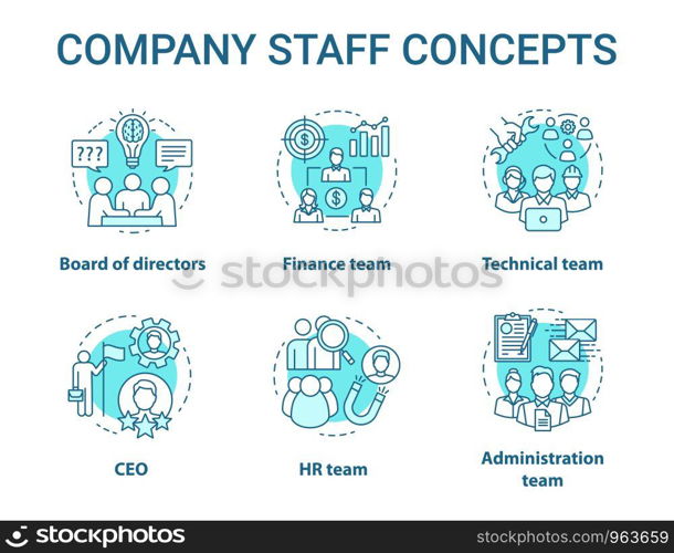 Company staff concept icons set. Corporate personnel, workforce idea thin line illustrations. CEO & board of directors. Human resources management. Vector isolated outline drawings. Editable stroke