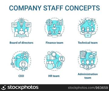 Company staff concept icons set. Corporate personnel, workforce idea thin line illustrations. CEO & board of directors. Human resources management. Vector isolated outline drawings. Editable stroke
