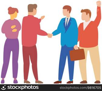 Company staff cooperation, project strategy planning. People have business meeting discussion. Partners shaking hands after signing contract, agreement, deal. Partnership, brainstorming concept. People have business meeting discussion. Partners shaking hands after signing contract, agreement