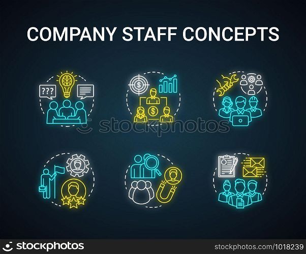 Company staff neon light concept icons set. Corporate personnel, workforce idea. CEO & board of directors. Human resources management. Glowing sign. Vector isolated illustration