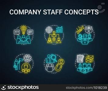Company staff neon light concept icons set. Corporate personnel, workforce idea. CEO & board of directors. Human resources management. Glowing sign. Vector isolated illustration