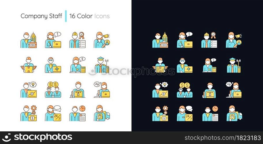 Company staff related light and dark theme RGB color icons set. Chief executive officer. Company workers team. Isolated vector illustrations on white and black space. Simple filled line drawings pack. Company staff related light and dark theme RGB color icons set