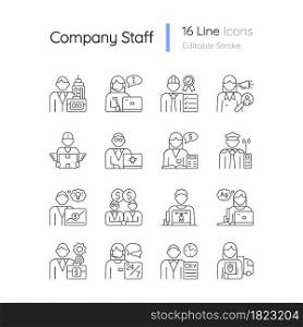 Company staff related RGB linear icons set. Chief executive officer. Company workers team. Customizable thin line contour symbols. Isolated vector outline illustrations. Editable stroke. Company staff related RGB linear icons set