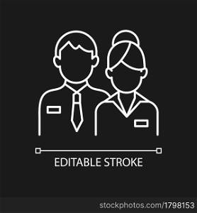 Company staff white linear icon for dark theme. Man and woman in uniform. Business representatives. Thin line customizable illustration. Isolated vector contour symbol for night mode. Editable stroke. Company staff white linear icon for dark theme