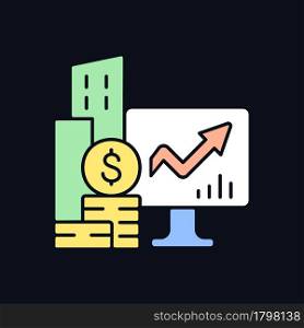 Company stock RGB color icon for dark theme. Income increment monitoring. Business ownership. Isolated vector illustration on night mode background. Simple filled line drawing on black. Company stocks RGB color icon for dark theme