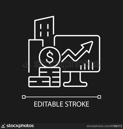 Company stock white linear icon for dark theme. Income increment. Business ownership. Thin line customizable illustration. Isolated vector contour symbol for night mode. Editable stroke. Company stocks white linear icon for dark theme