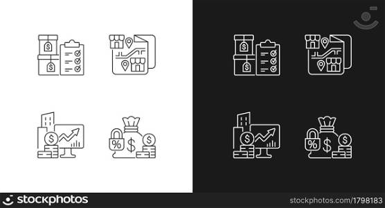 Company stocks and franchising linear icons set for dark and light mode. Finished goods. Financial relation. Customizable thin line symbols. Isolated vector outline illustrations. Editable stroke. Company stocks and franchising linear icons set for dark and light mode