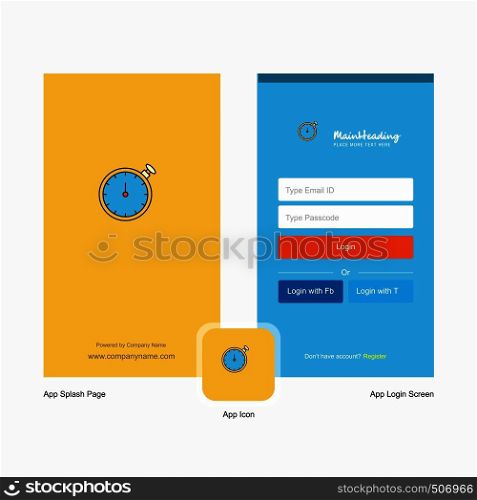 Company Stopwatch Splash Screen and Login Page design with Logo template. Mobile Online Business Template