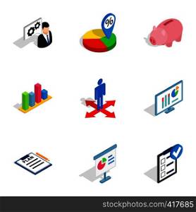 Company strategy icons set. Isometric 3d illustration of 9 company strategy vector icons for web. Company strategy icons, isometric 3d style