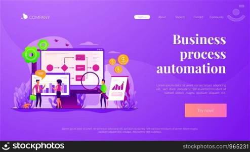 Company strategy. Work organization. Project management. Business process automation, business process workflow, automated business system concept. Website homepage header landing web page template.. Business process automation landing page template