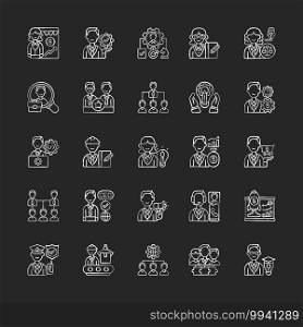 Company structure chalk white icons set on black background. Corporate hierarchy. Leadership and personnel. Marketing tactic. Supporting management. Isolated vector chalkboard illustrations. Company structure chalk white icons set on black background
