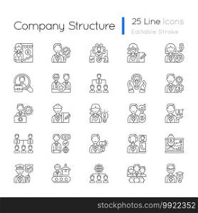 Company structure linear icons set. Corporate hierarchy. Leadership and personnel. Marketing tactic. Customizable thin line contour symbols. Isolated vector outline illustrations. Editable stroke. Company structure linear icons set