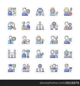 Company structure RGB color icons set. Corporate hierarchy. Leadership and personnel. Marketing tactic. Supporting management. Maximizing organization profit. Isolated vector illustrations. Company structure RGB color icons set