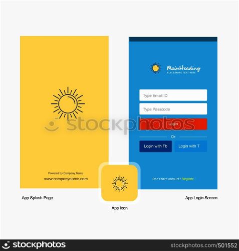 Company Sun Splash Screen and Login Page design with Logo template. Mobile Online Business Template
