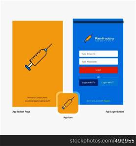 Company Syringe Splash Screen and Login Page design with Logo template. Mobile Online Business Template