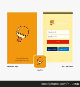 Company Table tennis racket Splash Screen and Login Page design with Logo template. Mobile Online Business Template