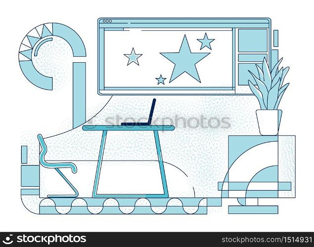 Company team leader workplace outline vector illustration. Business and personal development coach office contour composition on white background. Laptop on desk, stars on board simple style drawing