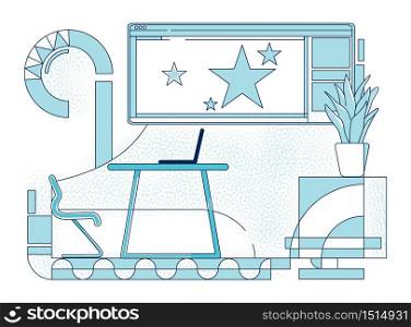 Company team leader workplace outline vector illustration. Business and personal development coach office contour composition on white background. Laptop on desk, stars on board simple style drawing