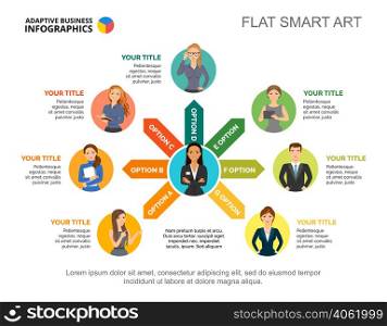 Company team process chart template for presentation. Vector illustration. Abstract elements of diagram, graph, infochart. Workflow, teamwork, business or management concept for infographic, report.