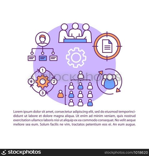 Company top management article page vector template. Board of directors. Corporate structure. Brochure, magazine, booklet design element with linear icons and text. Print design. Concept illustrations