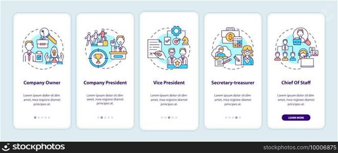Company top management jobs onboarding mobile app page screen with concepts. Company owner walkthrough 5 steps graphic instructions. UI vector template with RGB color illustrations. Company top management jobs onboarding mobile app page screen with concepts