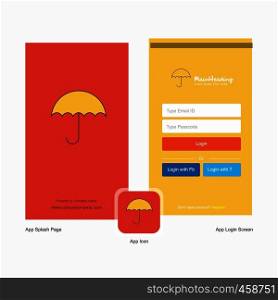 Company Umbrella Splash Screen and Login Page design with Logo template. Mobile Online Business Template
