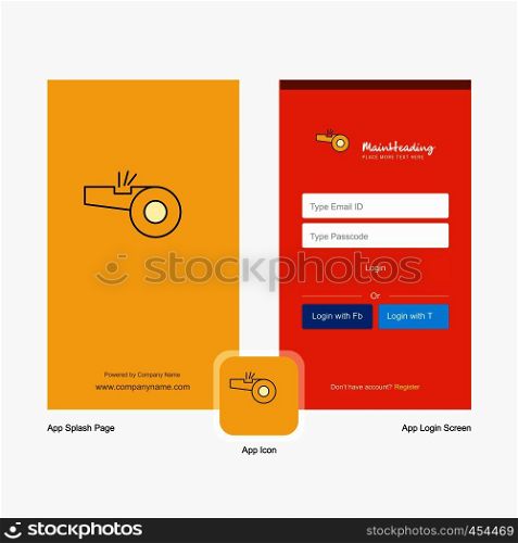 Company Whistle Splash Screen and Login Page design with Logo template. Mobile Online Business Template
