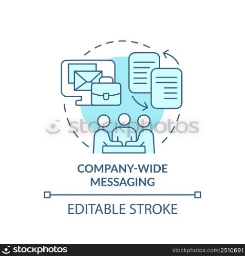 Company wide messaging turquoise concept icon. Solving for customer need abstract idea thin line illustration. Isolated outline drawing. Editable stroke. Arial, Myriad Pro-Bold fonts used. Company wide messaging turquoise concept icon