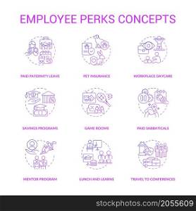 Company workers perks concept icons set. Job extra benefit. Non-wage advantages. Staff bonuses idea thin line color illustrations. Isolated outline drawings. Roboto-Medium, Myriad Pro-Bold fonts used. Company workers perks concept icons set