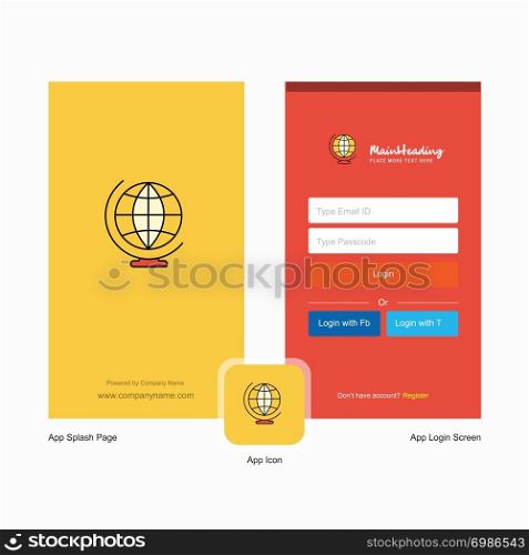 Company World globe Splash Screen and Login Page design with Logo template. Mobile Online Business Template
