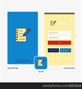 Company Writing on notes Splash Screen and Login Page design with Logo template. Mobile Online Business Template