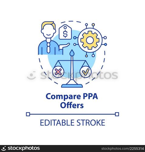 Compare PPA offers concept icon. Work of power purchase agreement abstract idea thin line illustration. Isolated outline drawing. Editable stroke. Arial, Myriad Pro-Bold fonts used. Compare PPA offers concept icon