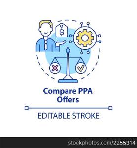 Compare PPA offers concept icon. Work of power purchase agreement abstract idea thin line illustration. Isolated outline drawing. Editable stroke. Arial, Myriad Pro-Bold fonts used. Compare PPA offers concept icon