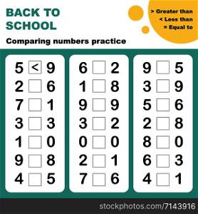 Comparing numbers worksheet. Easy worksheet, for children in preschool, elementary and middle school.