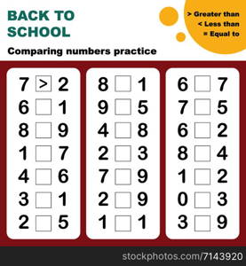 Comparing numbers worksheet. Easy worksheet, for children in preschool, elementary and middle school.