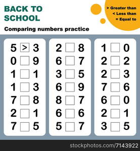 Comparing numbers worksheet. Easy worksheet, for children in preschool, elementary and middle school.