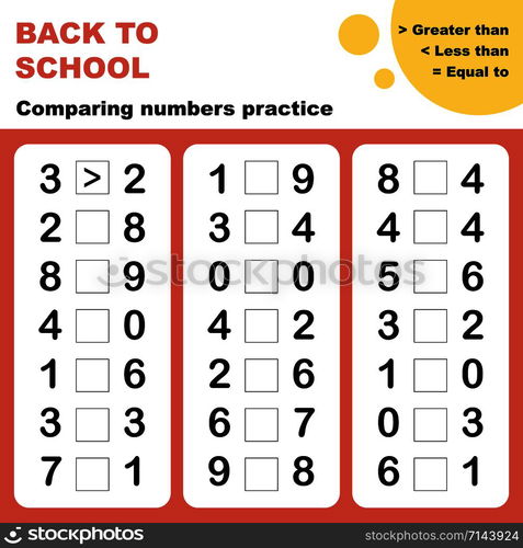 Comparing numbers worksheet. Easy worksheet, for children in preschool, elementary and middle school.