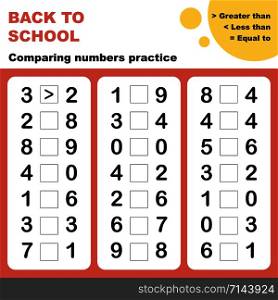 Comparing numbers worksheet. Easy worksheet, for children in preschool, elementary and middle school.