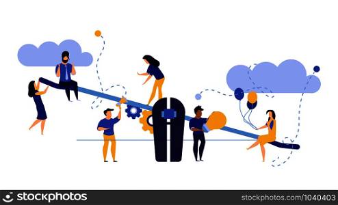 Comparison employee business people vector illustration. Advocate person unbalanced weight. Woman and man on swing outweigh concept idea design. Solution choice value human. Problem banner job team