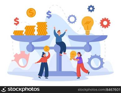 Comparison of money and lightbulb on scales. Businesswoman buying Idea, price or worth assessment, financial profit flat vector illustration. Finances, innovation, valuation, economy, exchange concept