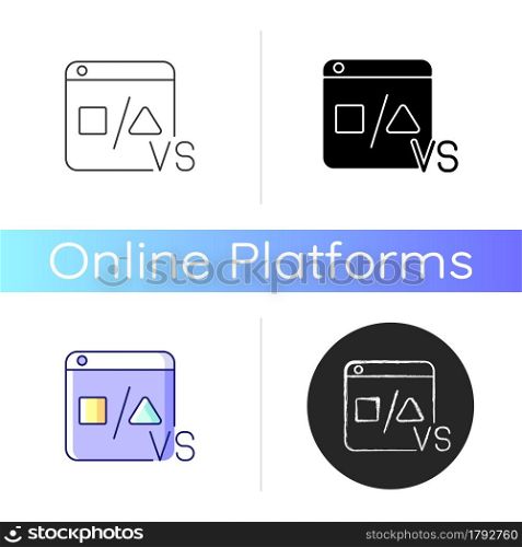 Comparison platforms icon. Compare products and prices. Improving customers experience. Managing sales. E-commerce. Monitoring changes. Linear black and RGB color styles. Isolated vector illustrations. Comparison platforms icon