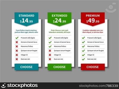Comparison pricing list. Price plan table, product prices comparative tariff chart. Business infographic option banner vector template of creative simple tabbed column. Comparison pricing list. Price plan table, product prices comparative tariff chart. Business infographic option banner vector template