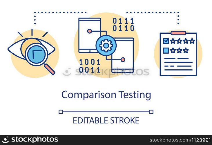 Comparison testing concept icon. Finding differences idea thin line illustration. Software testing process. Indicating issues and problems. Vector isolated outline drawing. Editable stroke