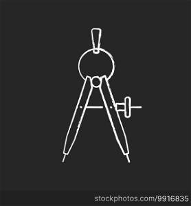 Compass chalk white icon on black background. Drawing tool. Circle maker. Measuring distances. Mathematics, drafting, navigation. V-shaped instrument. Isolated vector chalkboard illustration. Compass chalk white icon on black background