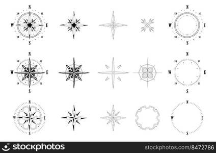 Compass dial and arrow. Construction kit of wind rose and vintage nautical compass symbol. Vector direction meter isolated set nautical direction navigator ship. Compass dial and arrow. Construction kit of wind rose and vintage nautical compass symbol. Vector direction meter isolated set