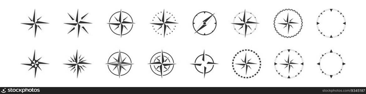 Compass geography set black icon. Wind rose with direction icons. Global positioning system. Isolated vector illustration