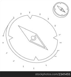 Compass Icon Connect The Dots, Compass Needle, Cardinal Direction Device For Navigation, Geographic Orientation Vector Art Illustration, Puzzle Game Containing A Sequence Of Numbered Dots