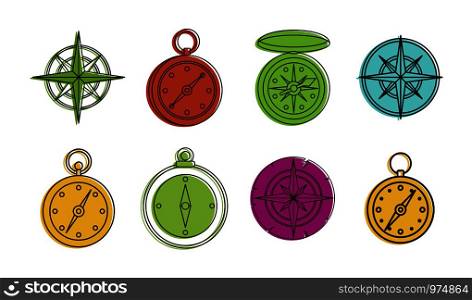 Compass icon set. Color outline set of compass vector icons for web design isolated on white background. Compass icon set, color outline style
