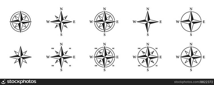 Compass icon set. Set of wind rose icons. Compass symbol collection. 