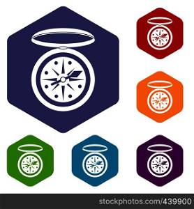 Compass icons set hexagon isolated vector illustration. Compass icons set hexagon